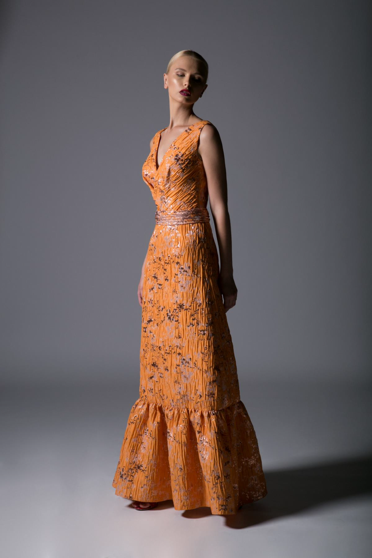 Orange Sleeveless Jacquard A-Line Evening Gown
